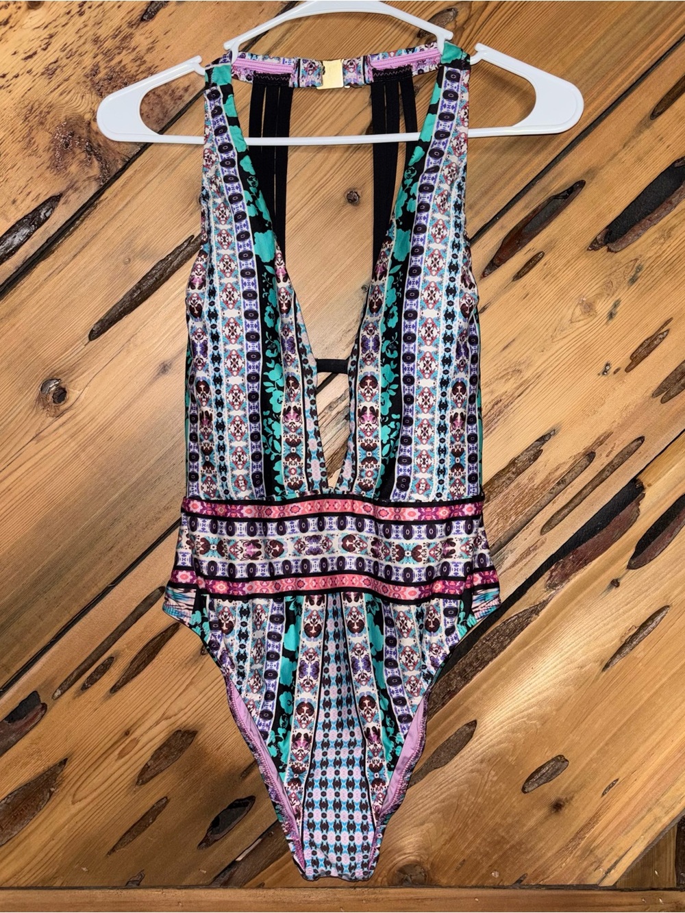 Nanette Lepore Teal & Pink Patterned Plunge One-Piece Swimsuit